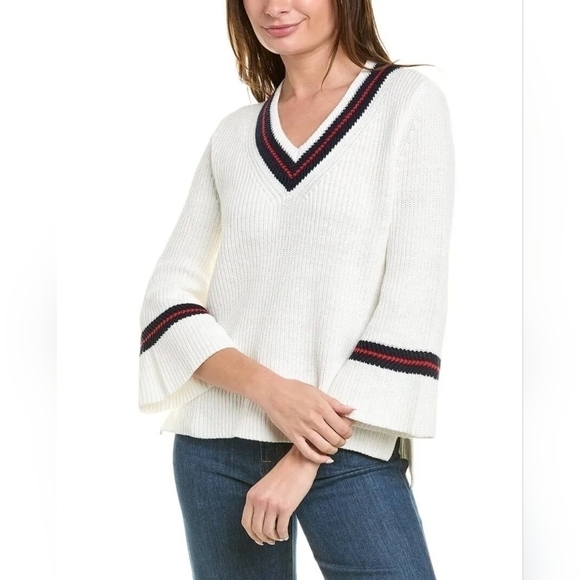 Cabi White Ribbed V-Neck Bell Sleeve Ace Pullover Sweater Preppy Classic - Picture 1 of 12